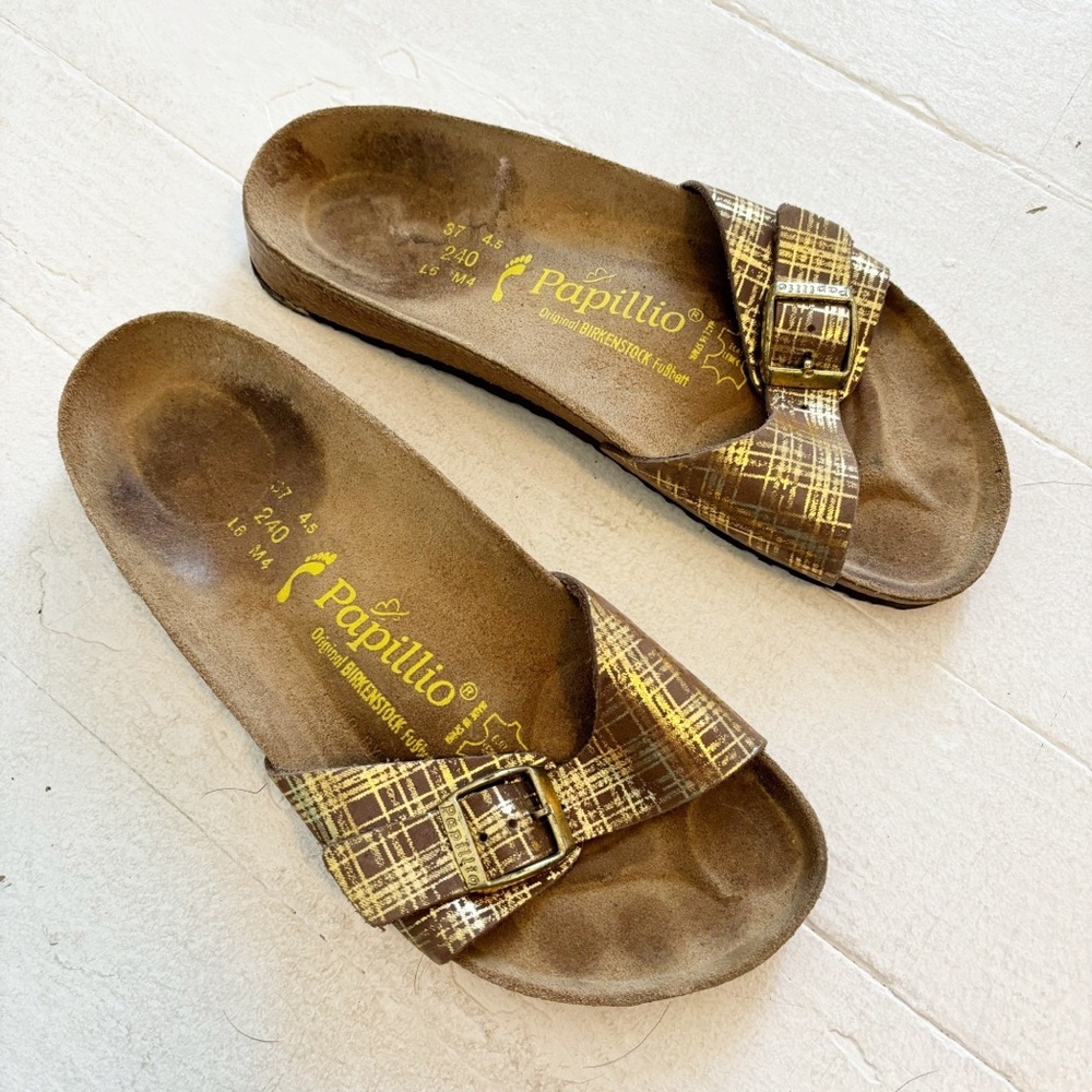 Birkenstock Papillio Gold Plaid Madrid Sandals Size 37 Narrow EUC